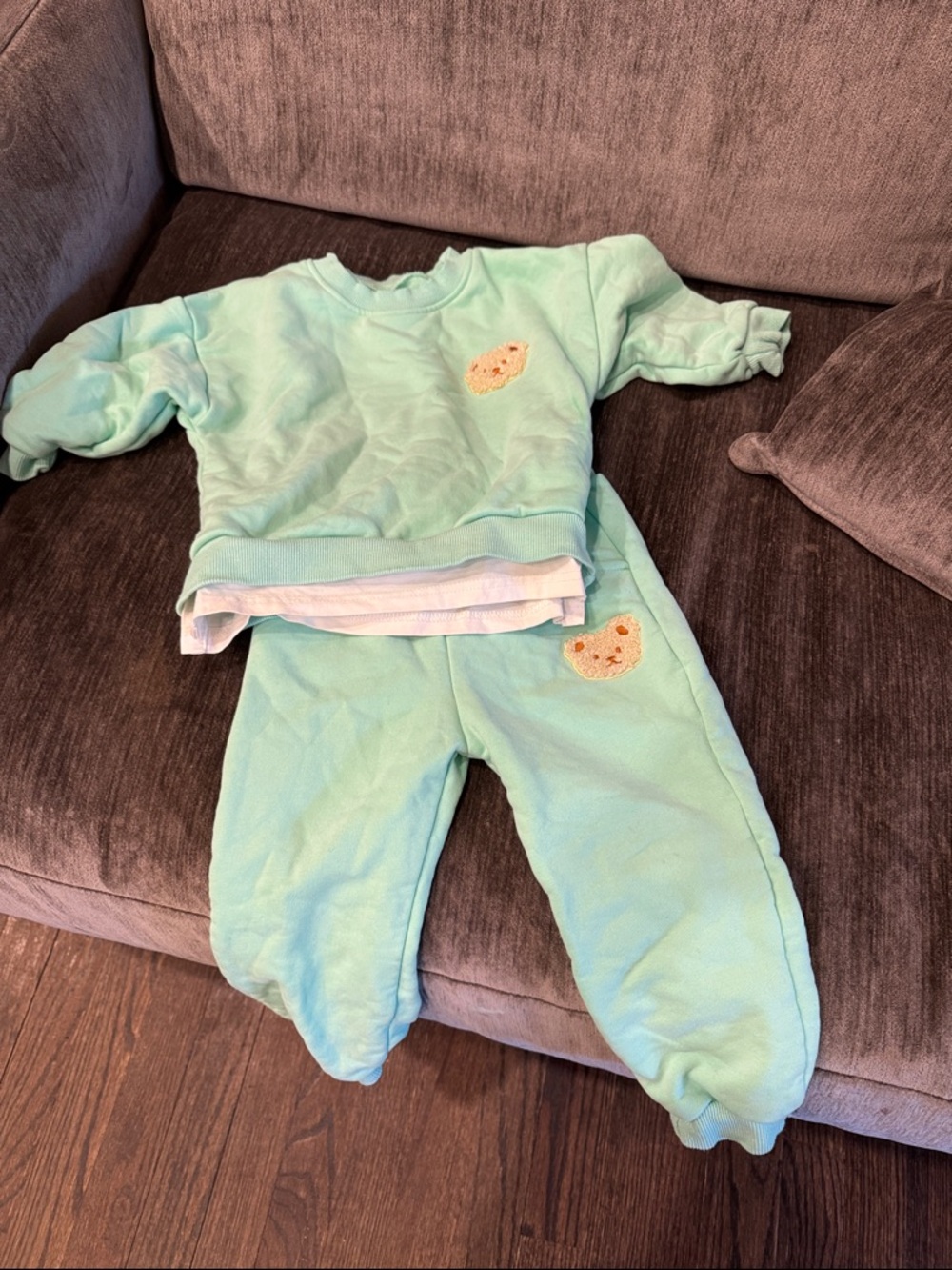 Mint Green Baby Sweatshirt and Pants Set with Bear Patch